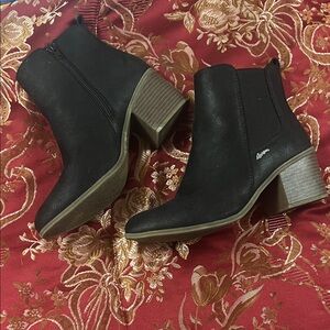 Sugar Black Ankle Boots with Tan Block Heel